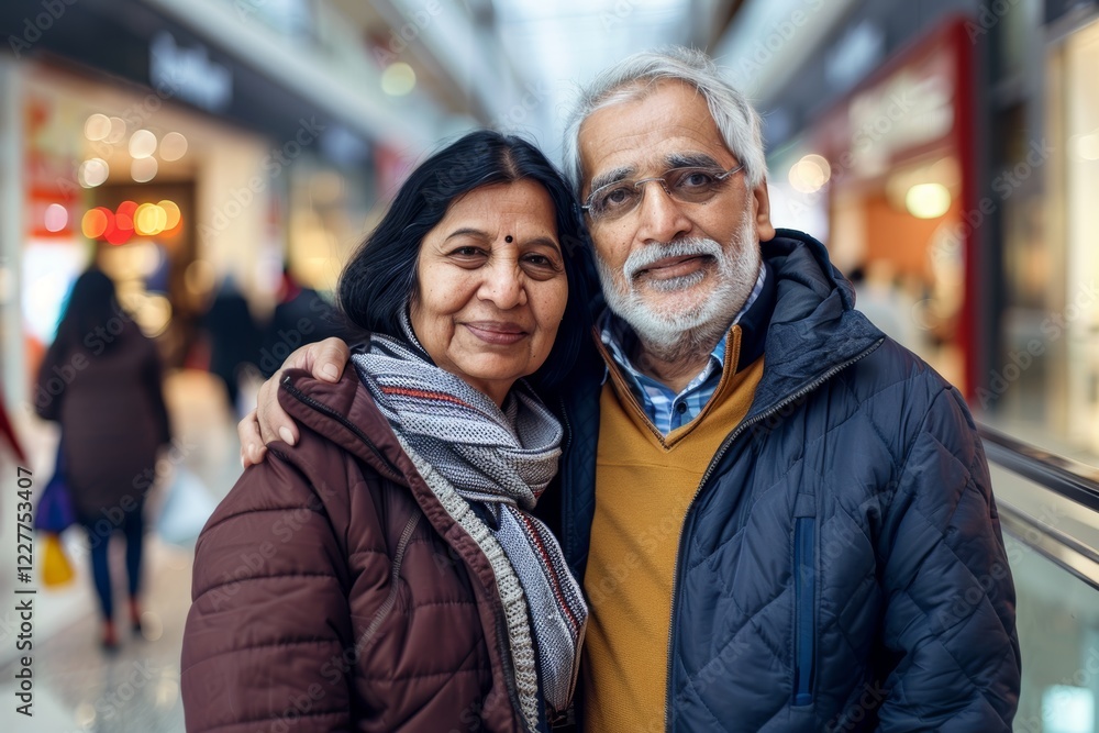 Portrait of a tender indian couple in their 50s sporting a comfortable hoodie on bustling shopping mall Portrait of a tender indian couple in their 50s sporting a comfortable hoodie on bustling shopping mall