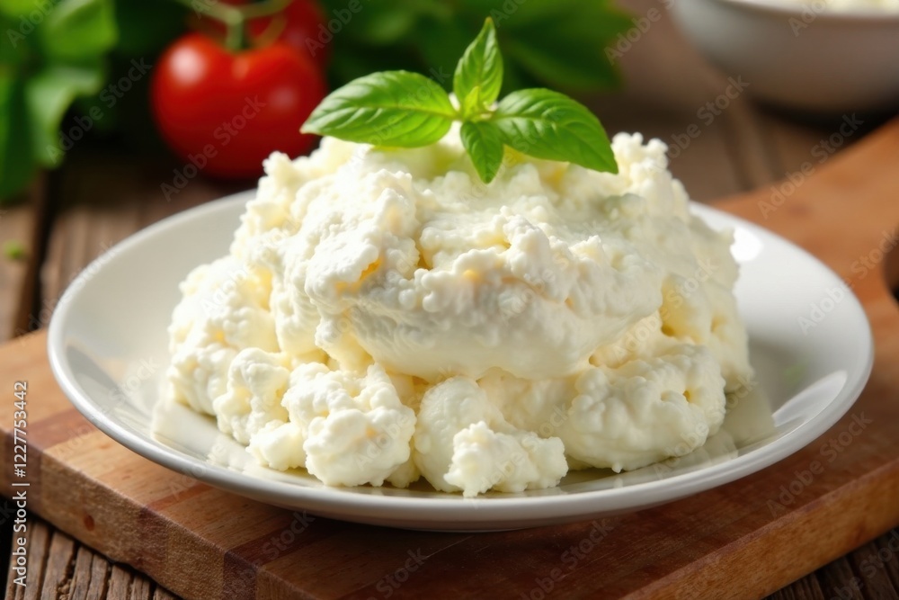 Fluffy white ricotta cheese on a wooden table , table, Italy, dairy Fluffy white ricotta cheese on a wooden table , table, Italy, dairy
