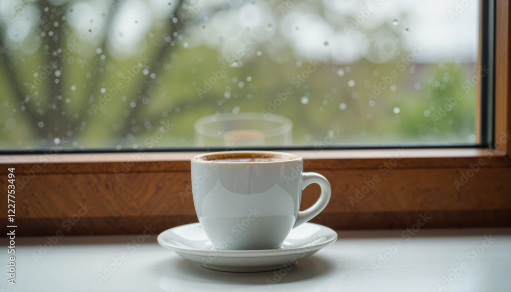 Obraz premium Coffee cup on rainy windowsill, calming reflection