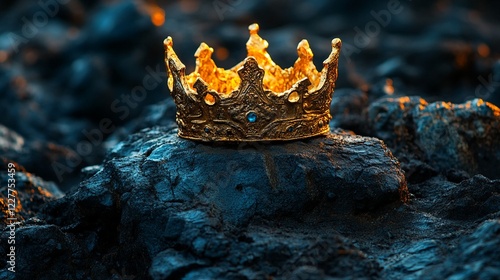 A crown sits on top of dark lava rocks. photo