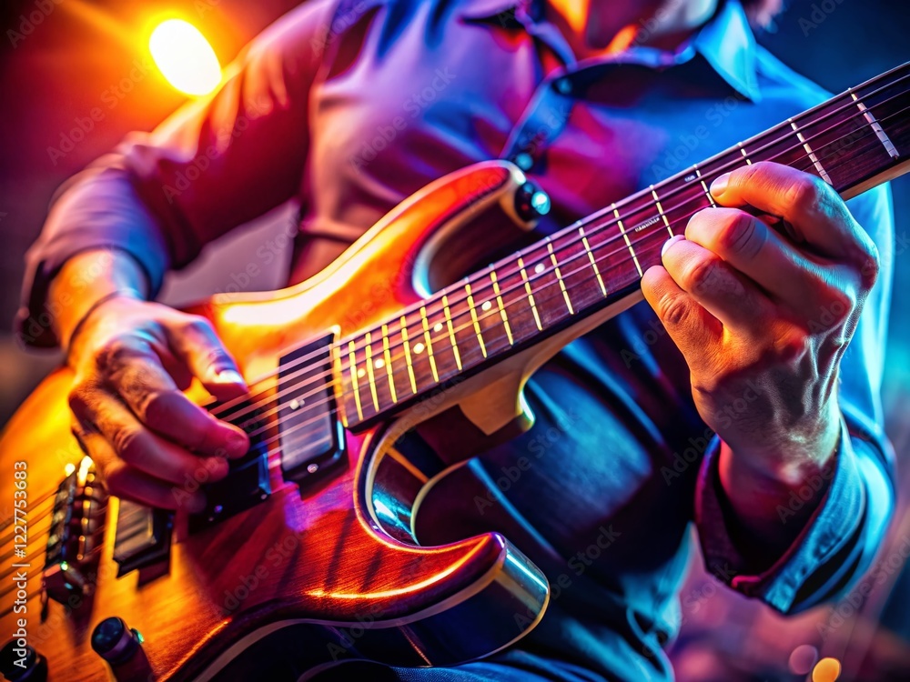 Obraz premium Close-up of a hand passionately playing electric guitar, fingers blurring in motion, musical energy palpable.