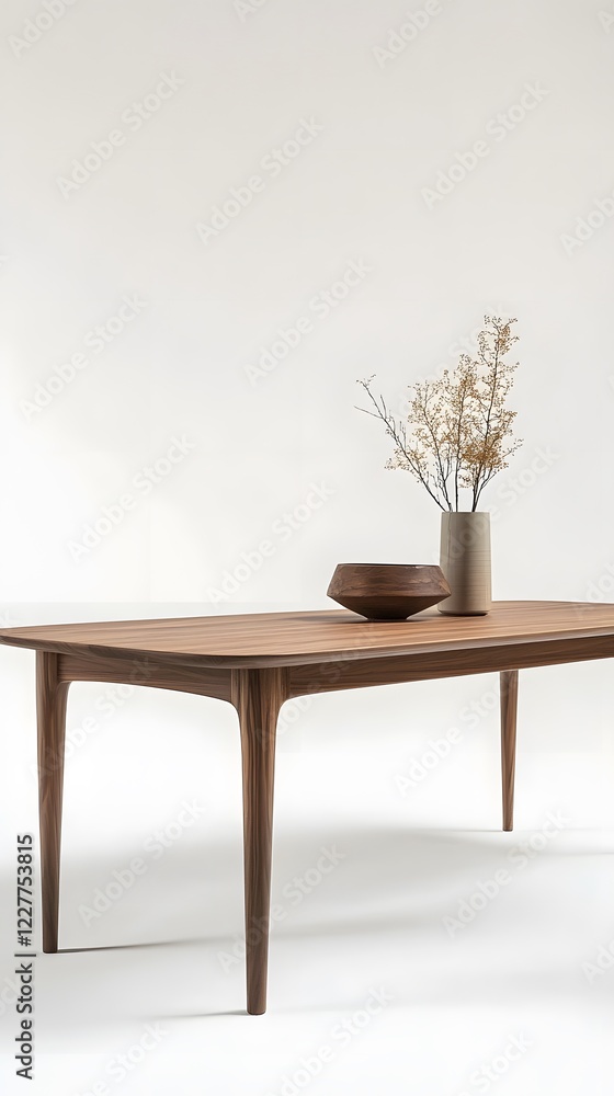 Fototapeta premium 30. A sleek wooden dining table with a natural finish and tapered legs, set on white