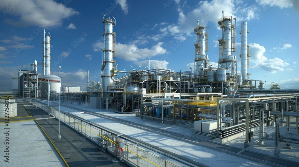Modern industrial facility with towering structures under a bright blue sky and wispy clouds Modern industrial facility with towering structures under a bright blue sky and wispy clouds