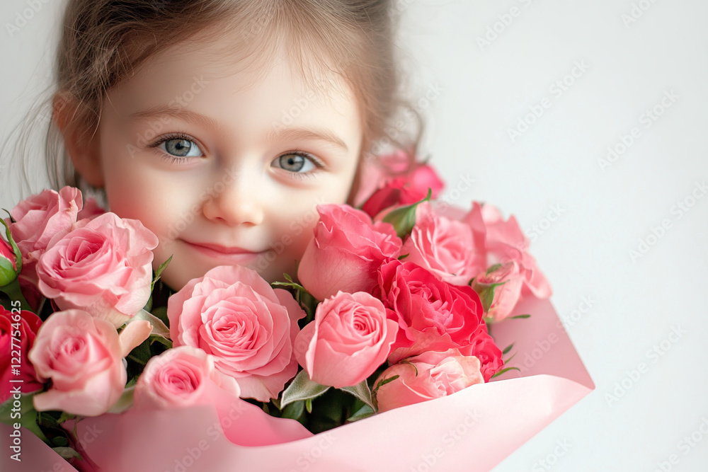 Adorable little girl with a bouquet of pink roses on a bright background Adorable little girl with a bouquet of pink roses on a bright background