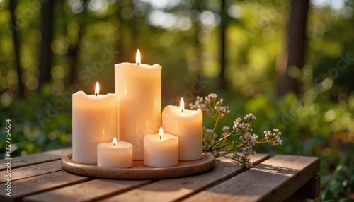 Warm outdoor candles illuminating wooden table in nature, cozy ambiance