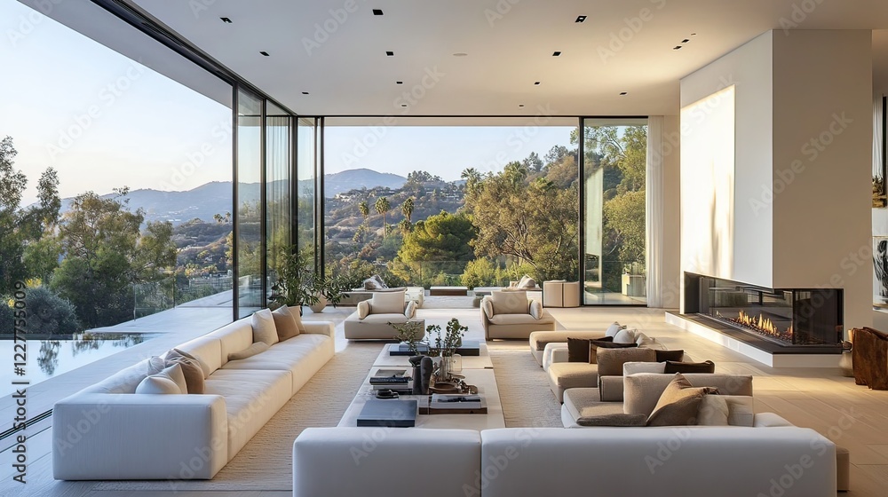 Fototapeta premium Modern living room, hillside view, sunrise, luxury home, interior design