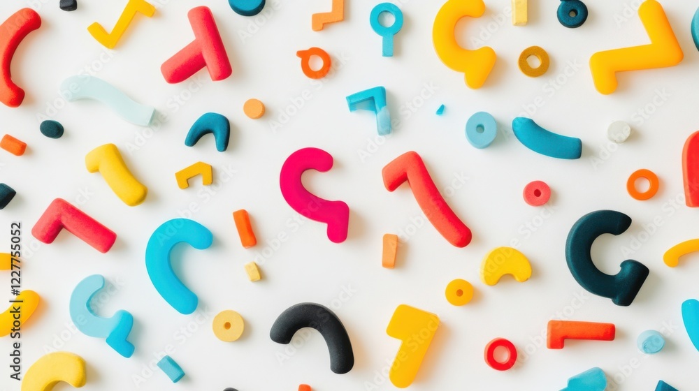 Naklejka premium Colorful plastic numbers and symbols scattered on a white background, ideal for educational use