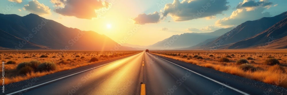 Fototapeta premium Sun-drenched highway stretching towards distant mountains, road, asphalt