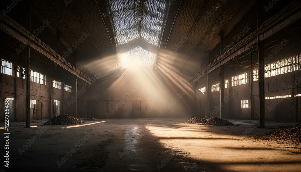 Fototapeta premium a single spotlight illuminates a dusty abandoned warehouse with beams of light cutting through the haze