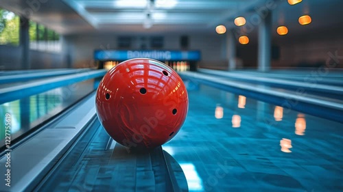 Bright red bowling ball resting on a shiny lane in a vibrant alley