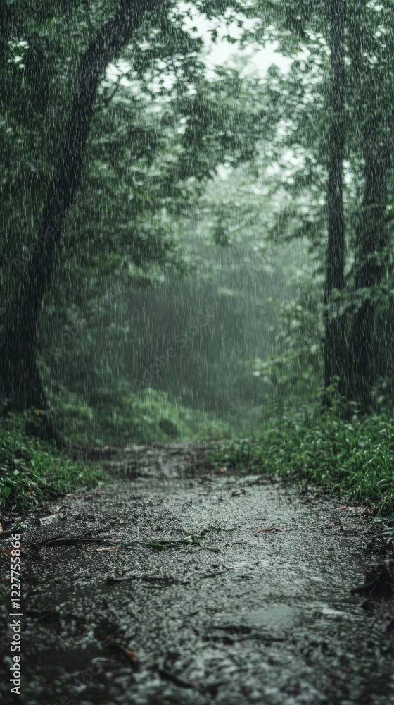 Rainy day walk through lush forest nature scene ground-level view serene environment tranquility and reflection Rainy day walk through lush forest nature scene ground-level view serene environment tranquility and reflection