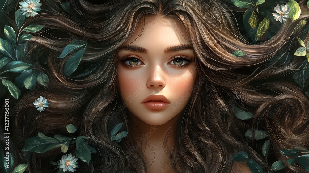 Fototapeta premium Portrait of a beautiful girl with long, luxurious hair. The concept of hair care