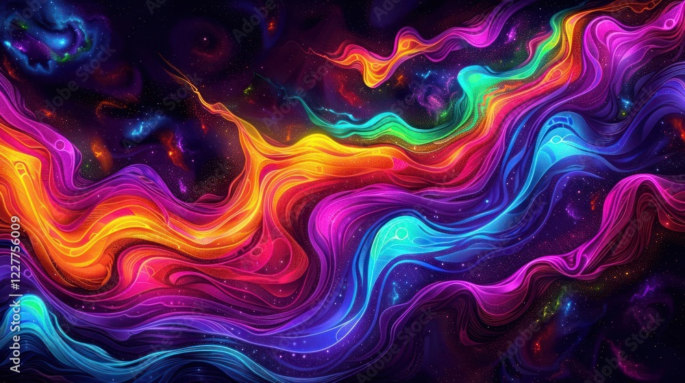 Vibrant abstract waves of color flowing through a cosmic background, evoking energy and creativity Vibrant abstract waves of color flowing through a cosmic background, evoking energy and creativity