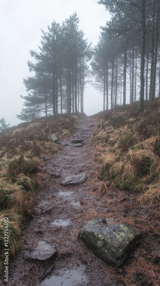 Foggy woodland trail adventure scenic forest landscape nature serene environment ground-level viewpoint peaceful exploration Foggy woodland trail adventure scenic forest landscape nature serene environment ground-level viewpoint peaceful exploration