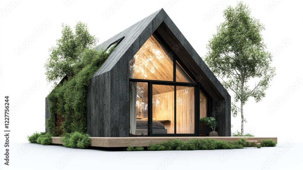 Modern minimalist house with large windows and greenery Modern minimalist house with large windows and greenery
