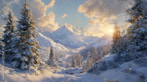 Wallpaper Mural A captivating winter landscape featuring snow-covered mountains and evergreen trees amidst a serene, sunlit sky. Fluffy clouds drift lazily, creating a tranquil atmosphere Torontodigital.ca