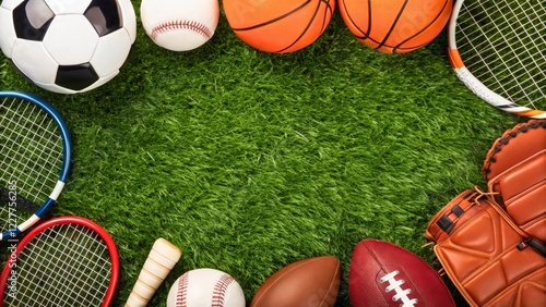 Diverse Range of Sports Equipment Displayed on Green Grass Background for Active Lifestyle Enthusiasts