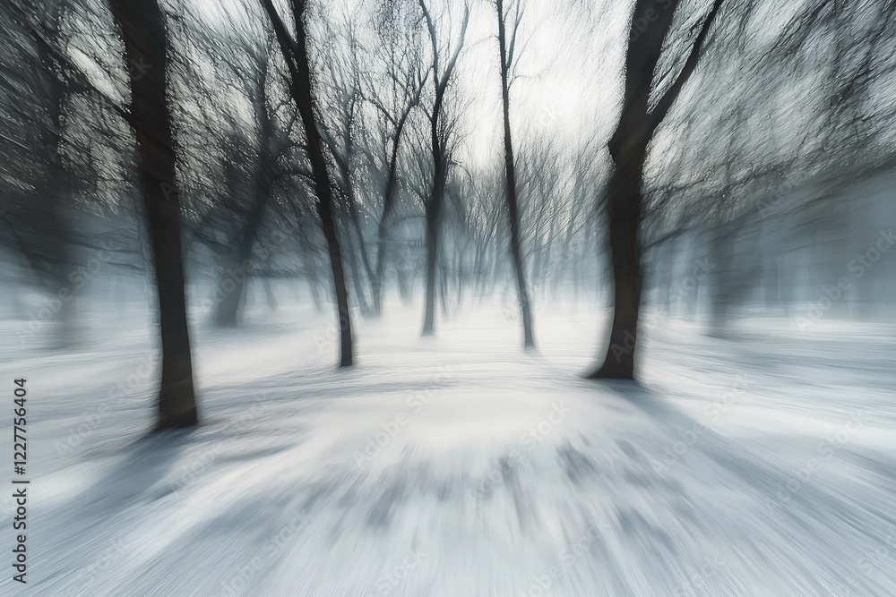 Obraz premium A serene winter landscape featuring tall, blurred trees amidst a snowy ground, creating a sense of movement and tranquility.