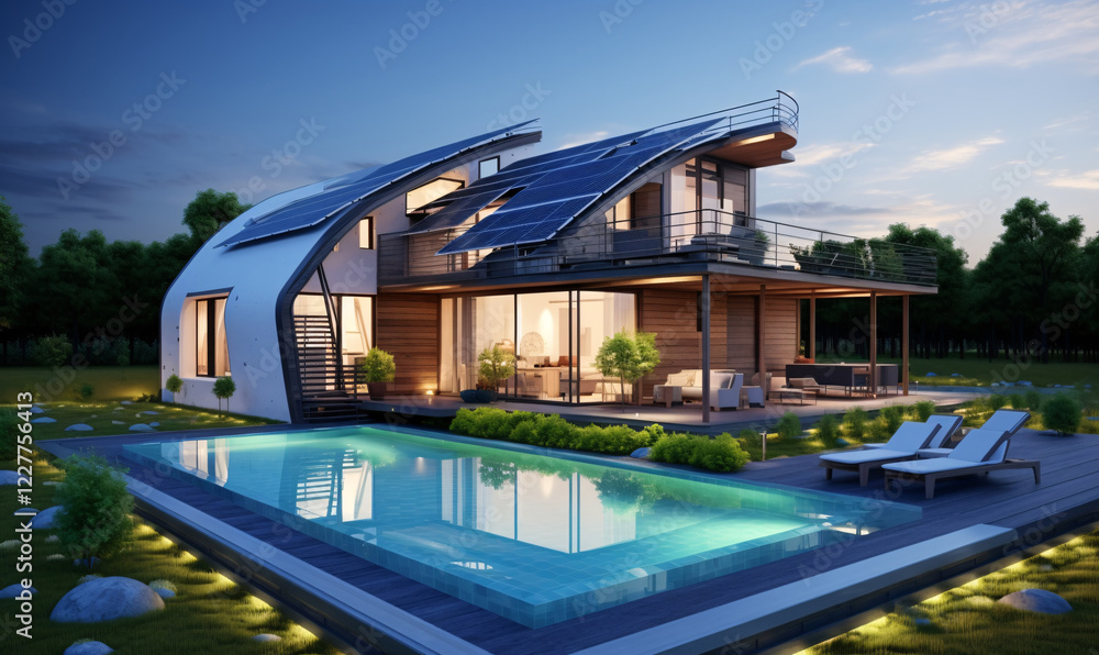 Modern house with ecological with a photovoltaic system. Modern eco friendly passive house with swimming poold. Modern house with ecological with a photovoltaic system. Modern eco friendly passive house with swimming poold.