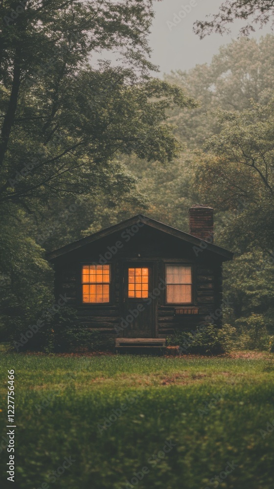 Cozy cabin illuminated at dusk serene forest setting tranquil environment wide-angle view rustic charm and solitude Cozy cabin illuminated at dusk serene forest setting tranquil environment wide-angle view rustic charm and solitude