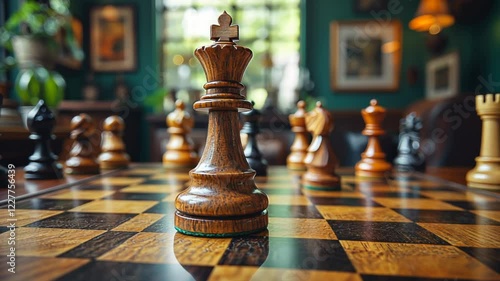 Close-up of a wooden chess king piece on a vintage chessboard in a cozy cafe