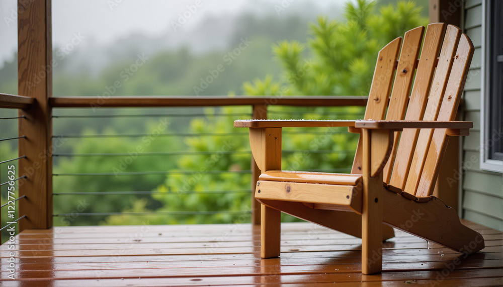 Fototapeta premium Adirondack chair on wooden deck overlooking green landscape, Rainy Days Theme