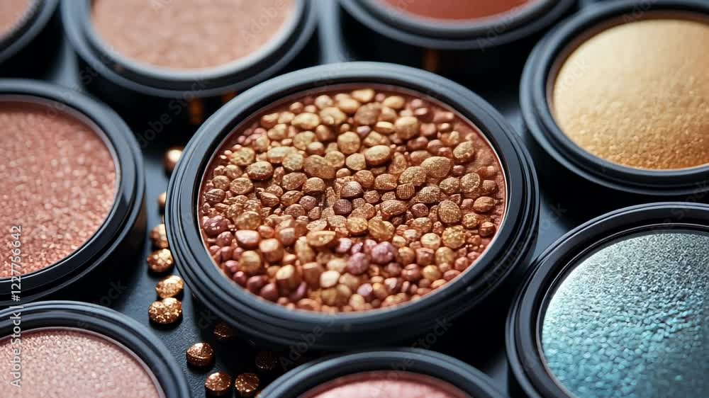Close-up of colorful makeup pigments in round containers on display Close-up of colorful makeup pigments in round containers on display