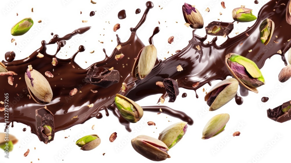 Fototapeta premium Melted dark chocolate with pistachio nuts and chocolate shavings on white background