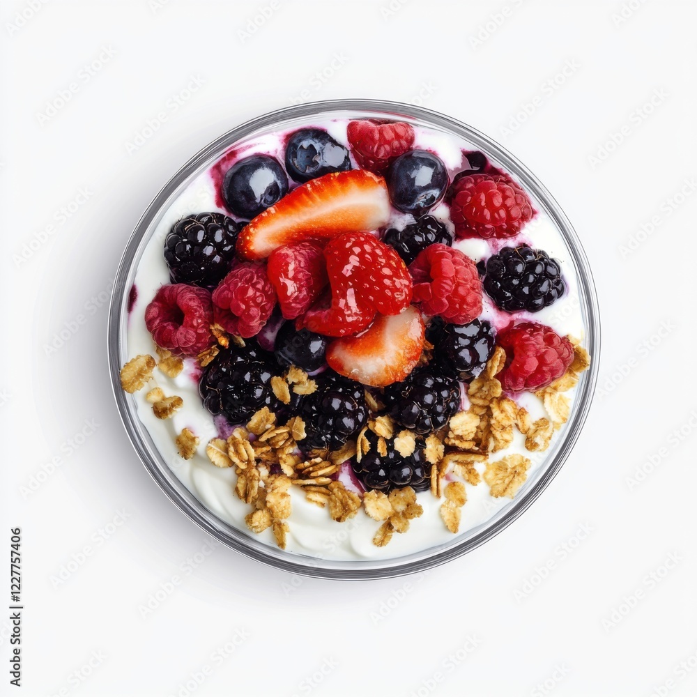 A vibrant mixed berry parfait with yogurt and granola, isolated white background, minimalist art style A vibrant mixed berry parfait with yogurt and granola, isolated white background, minimalist art style