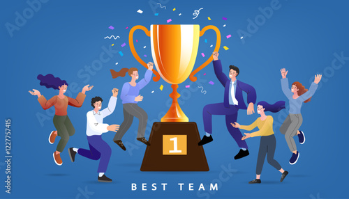 Group of people jumping holding trophy. golden cup and confetti. Business team achievements. Get reward and celebrate. success, leadership, awards. Vector illustration flat style.	
