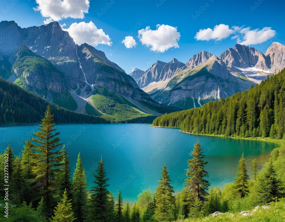 Serene mountain lake with lush greenery and reflections Serene mountain lake with lush greenery and reflections