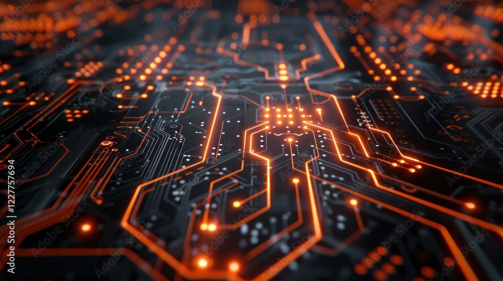 Close-up view of a vibrant circuit board with glowing orange lines and intricate patterns Close-up view of a vibrant circuit board with glowing orange lines and intricate patterns