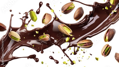Melted dark chocolate with pistachio nuts and chocolate shavings on white background
