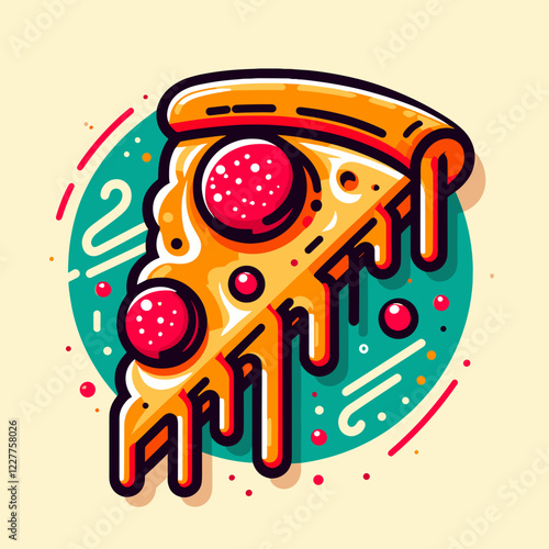 Playful illustration of a cheesy pizza slice with pepperoni and melting cheese on a vibrant background for food concept