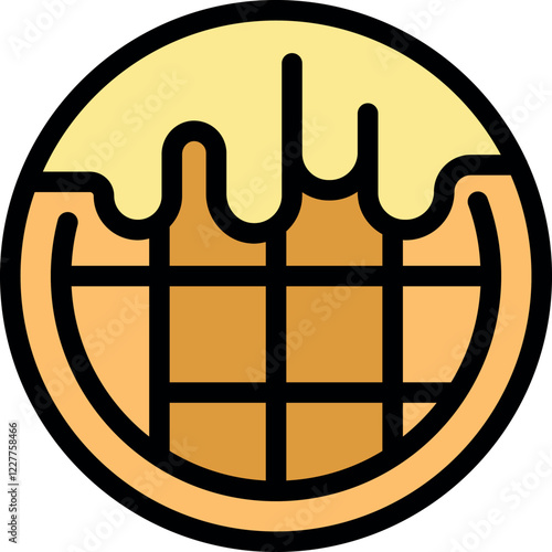 Delicious round waffle with melted butter dripping, filling the grid pattern, perfect for breakfast or brunch