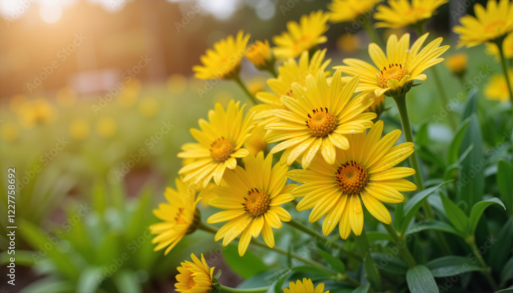 Yellow flowers blooming in a sunny garden, Rainy Days Theme Yellow flowers blooming in a sunny garden, Rainy Days Theme