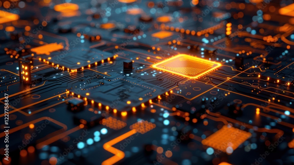 Abstract close-up of a futuristic circuit board with glowing orange elements and intricate details Abstract close-up of a futuristic circuit board with glowing orange elements and intricate details