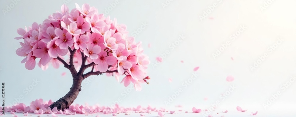 Pastel colored blossoms unfold from a lone tree branch against a pristine backdrop, soft petals, blooming trees Pastel colored blossoms unfold from a lone tree branch against a pristine backdrop, soft petals, blooming trees