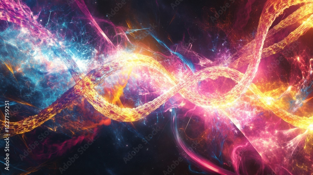 An abstract image of a DNA strand intertwined with bright, flowing streams of light and energy against a dark, cosmic background An abstract image of a DNA strand intertwined with bright, flowing streams of light and energy against a dark, cosmic background