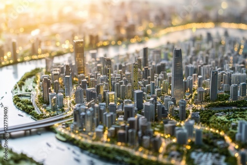 City skyline at sunset with illuminated buildings and flowing river nearby photo