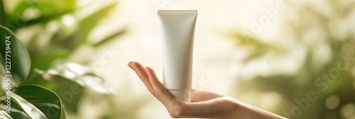 Hand holding white cosmetic cream tube against lush green foliage background. Soft lighting, beauty concept