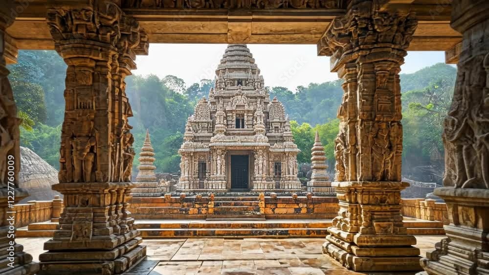 Intricate temple architecture framed by ornate pillars in serene landscape Intricate temple architecture framed by ornate pillars in serene landscape
