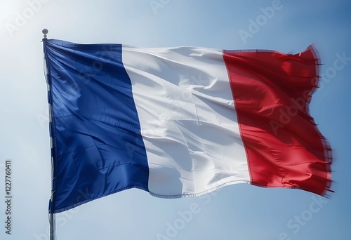 Vibrant French flag with striking vertical blue, white, and red stripes in a modern high-definition render.

