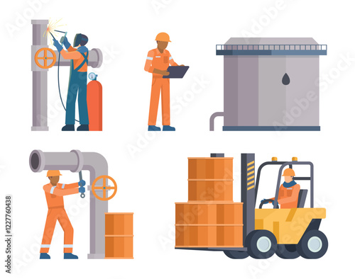 Oil and Gas Industry Workers Collection with Pipes and Industrial Elements. Editable Vector Illustration, Easy to Customize