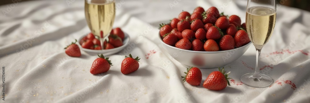 Sparkling champagne and strawberries on a tablecloth , luxurious treat, indulgence Sparkling champagne and strawberries on a tablecloth , luxurious treat, indulgence