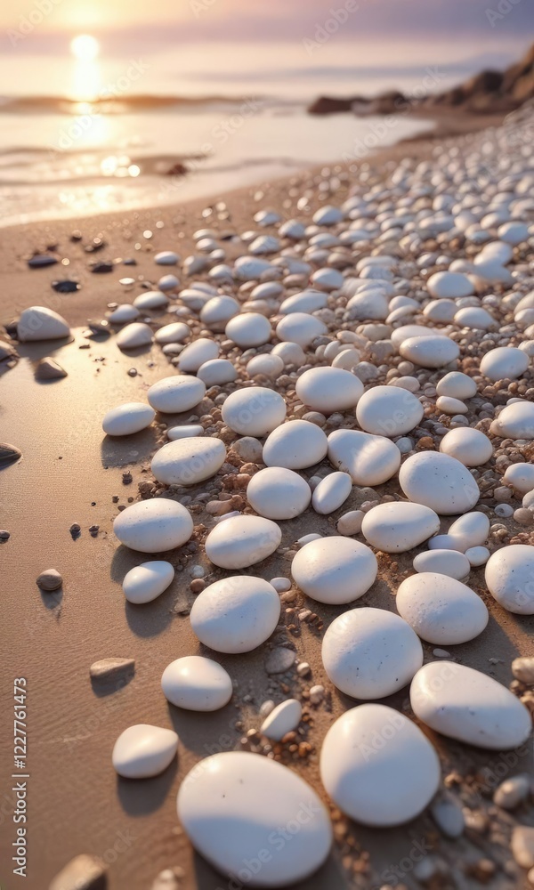 Obraz premium Softly glowing white pebbles scattered on the beach at sunset, natural light, sandy beach