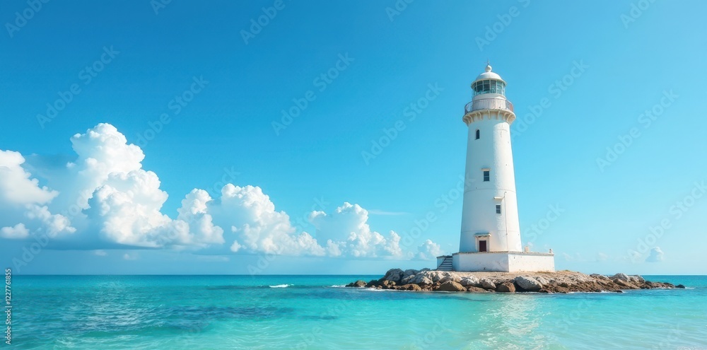 Tall white Caribbean lighthouse against vibrant blue sky, ocean, nature Tall white Caribbean lighthouse against vibrant blue sky, ocean, nature