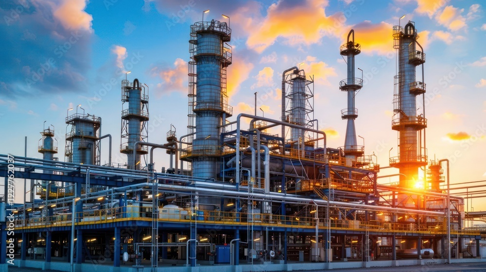 Industrial refinery at sunset, showcasing towering structures and vibrant sky colors Industrial refinery at sunset, showcasing towering structures and vibrant sky colors