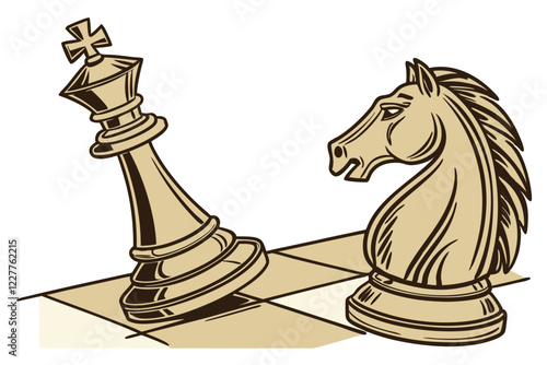 Golden chess piece, knight sculpture, shiny metallic horse head, polished brass figurine, strategic game piece, gleaming gold statue, intricate equine design, classical chess symbol, luxury board game