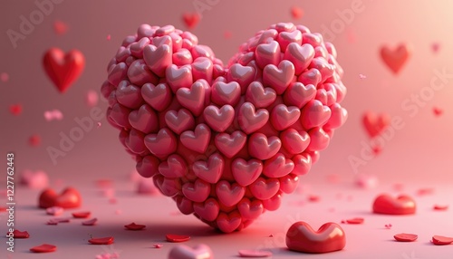 a heart-shaped arrangement composed of numerous small pink hearts, surrounded by scattered red hearts and floating in the air.